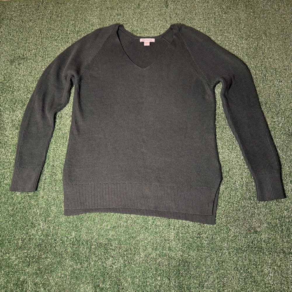 Athleta Womens Ribbed V-Neck Sweater Dark Green Raglan Sleeve Side Slit Size S P